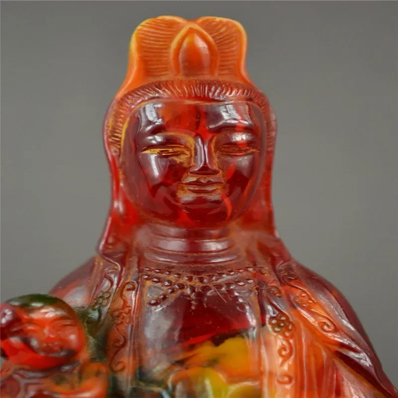 China Rare Old Amber Carving Efficacy Kwan-Yin Send You Child Noble Statue