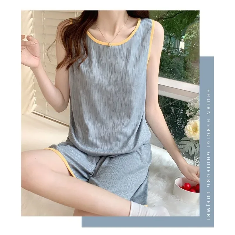 Waistcoat Sleeveless Two-piece Suit Pupil Korean Version Simple Loungewear Can Be Worn Outside Bra Pad Pajamas Female Summertime