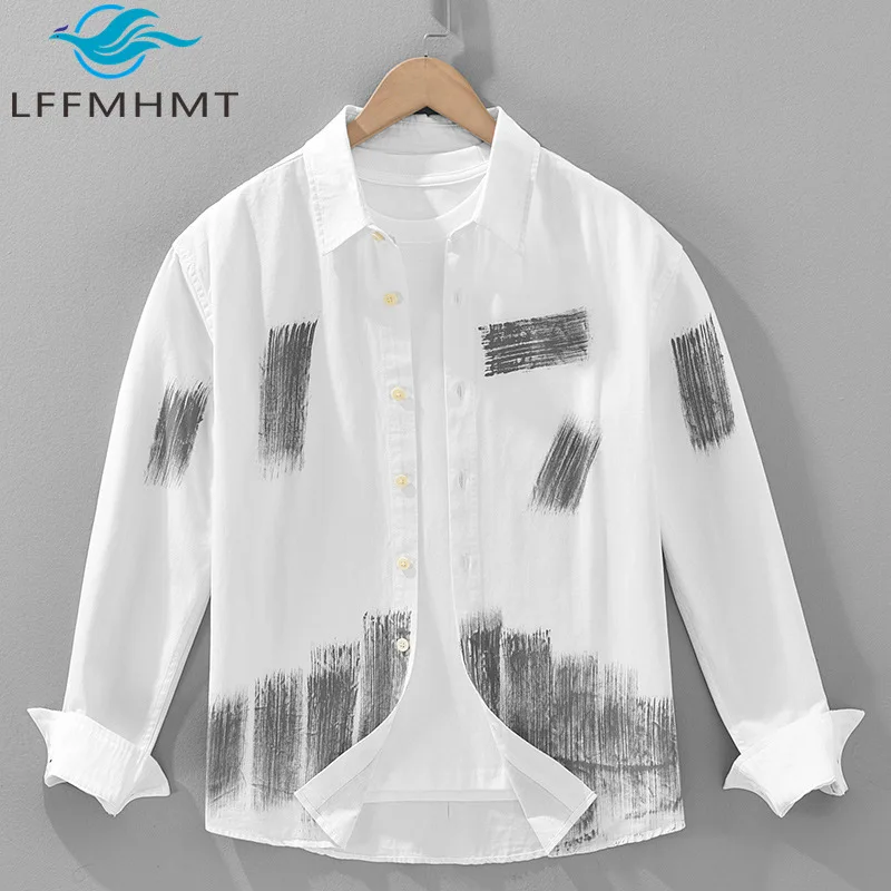 2510 Japanese Style Autumn Fresh Comfortable Pure Cotton Long Sleeve Loose Casual Men's Shirt with Graffiti Handsome Dailywear