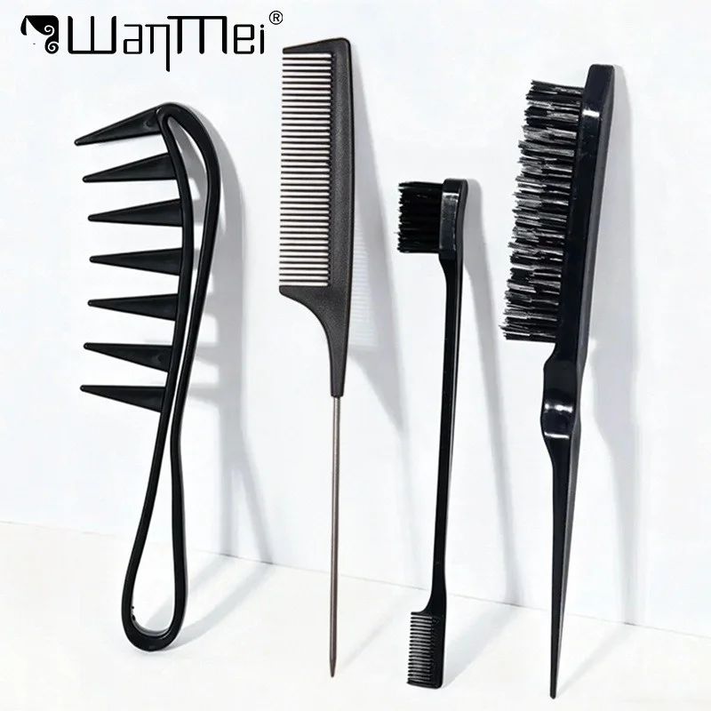 4pcs Hair Comb Set Professional Teasing Brush with Rat Tail Comb Wide Tooth Comb Edge Control Brush Hair Styling Tools Salon