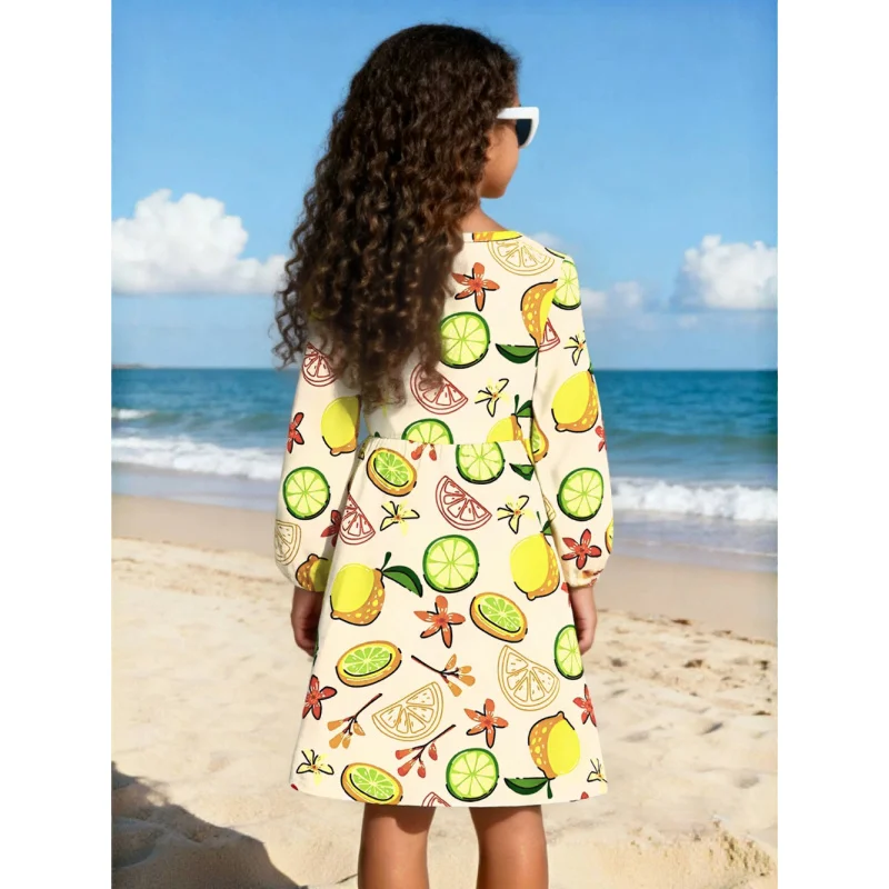 2026 Girls' Lemon Citrus Print Long Sleeve Dress Fresh Fruit Pattern Casual Vacation Dress