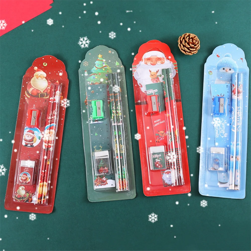 

5Pcs Stationery Set Pencil Ruler Eraser Sharpener Set In Cartoon Gift Package Children'S Christmas Gifts Kindergarten Prizes