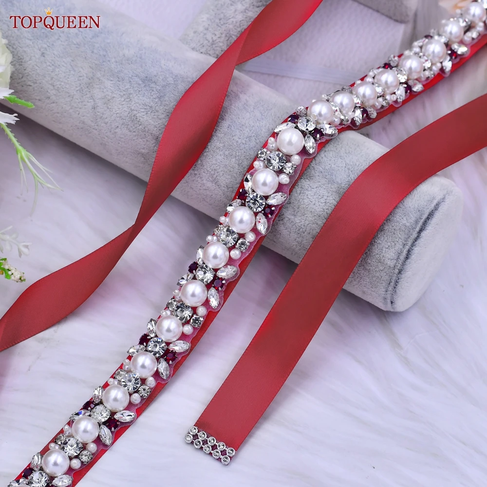 TOPQUEEN-vestido de novia con cinturón para mujer, vestido de novia con perlas de diamantes de imitación rojos, vestidos de novia con cinta de cintura para damas de honor, S92