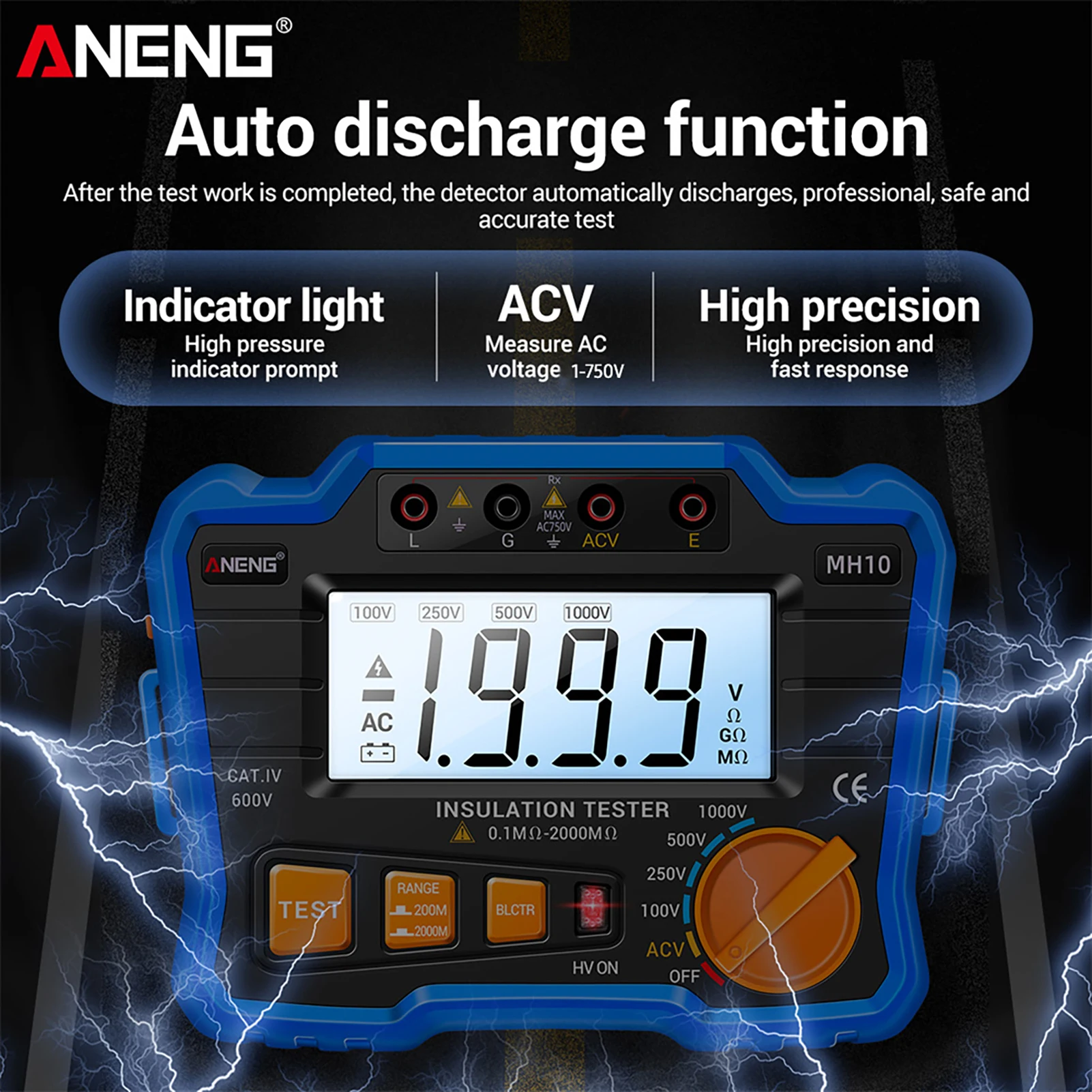 ANENG MH10 Digitales Megohmmeter, Isolationswiderstandstester, 100 V/250 V/1000 V, Voltmeter, LCD-Display, Multimeter