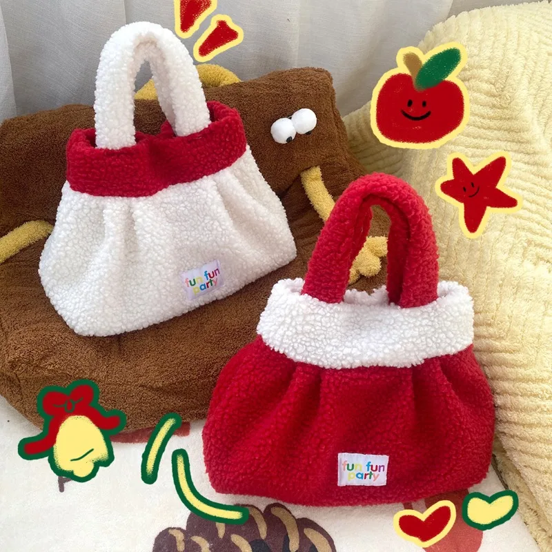 Sac à main en peluche pour parents et enfants, sac de bénédiction de Noël et du Nouvel An, grand sac à bento en laine d'agneau rouge, automne et hiver, nouvel article