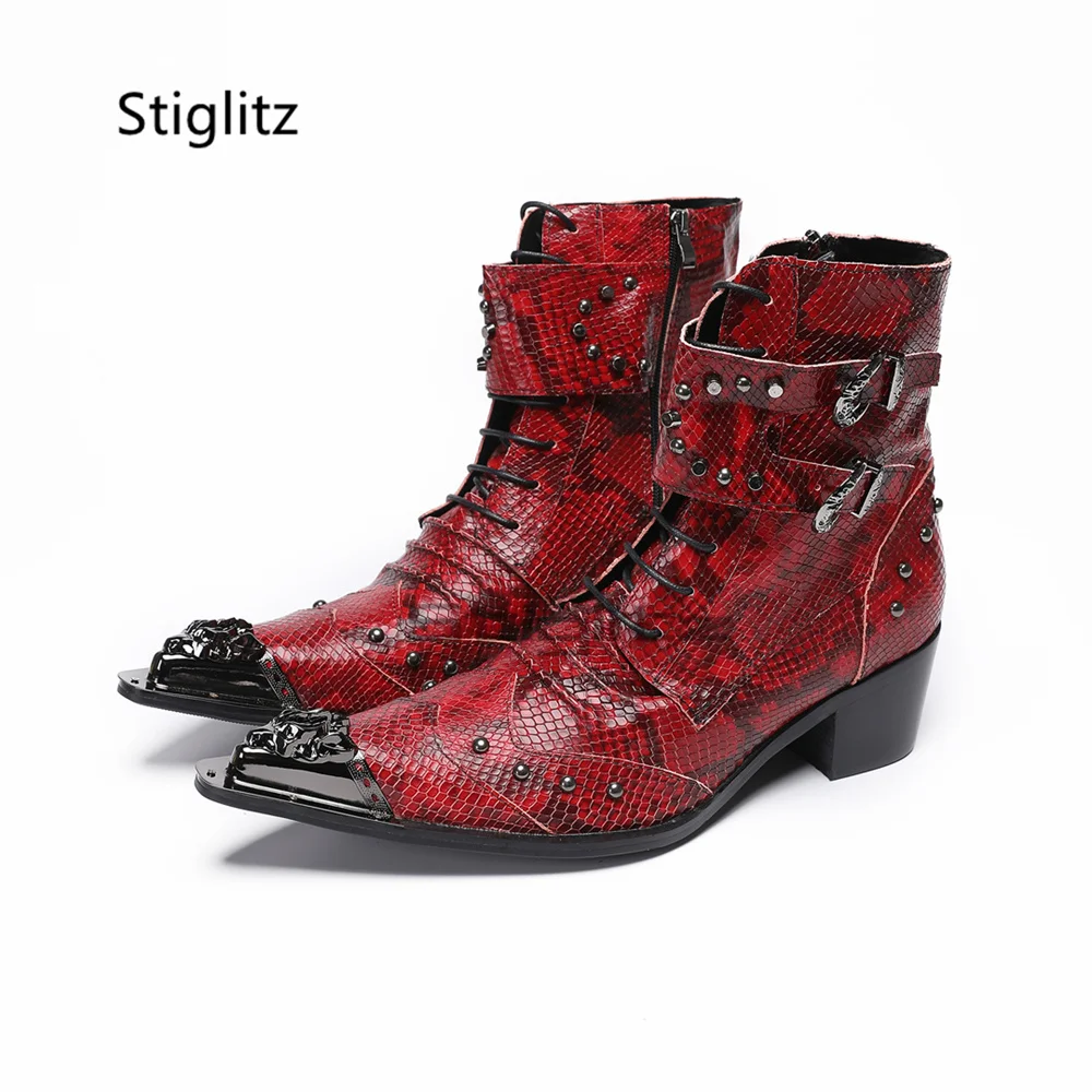 

Snake Pattern Rivets Chelsea Boots for Men High Heels Red Black Leather Belt Buckle Metal Pointed Toe Ankle Boots Men's Shoes