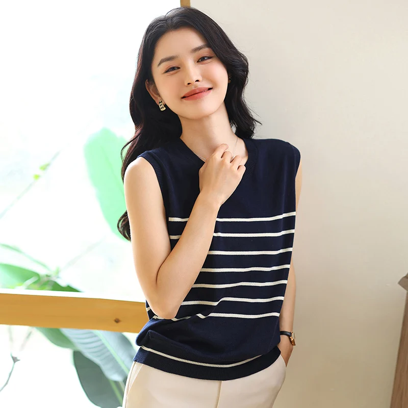 

Summer 100% pure cotton women's sleeveless T-shirt casual striped knitted pullover loose round neck Tees Pull vest Tank Tops
