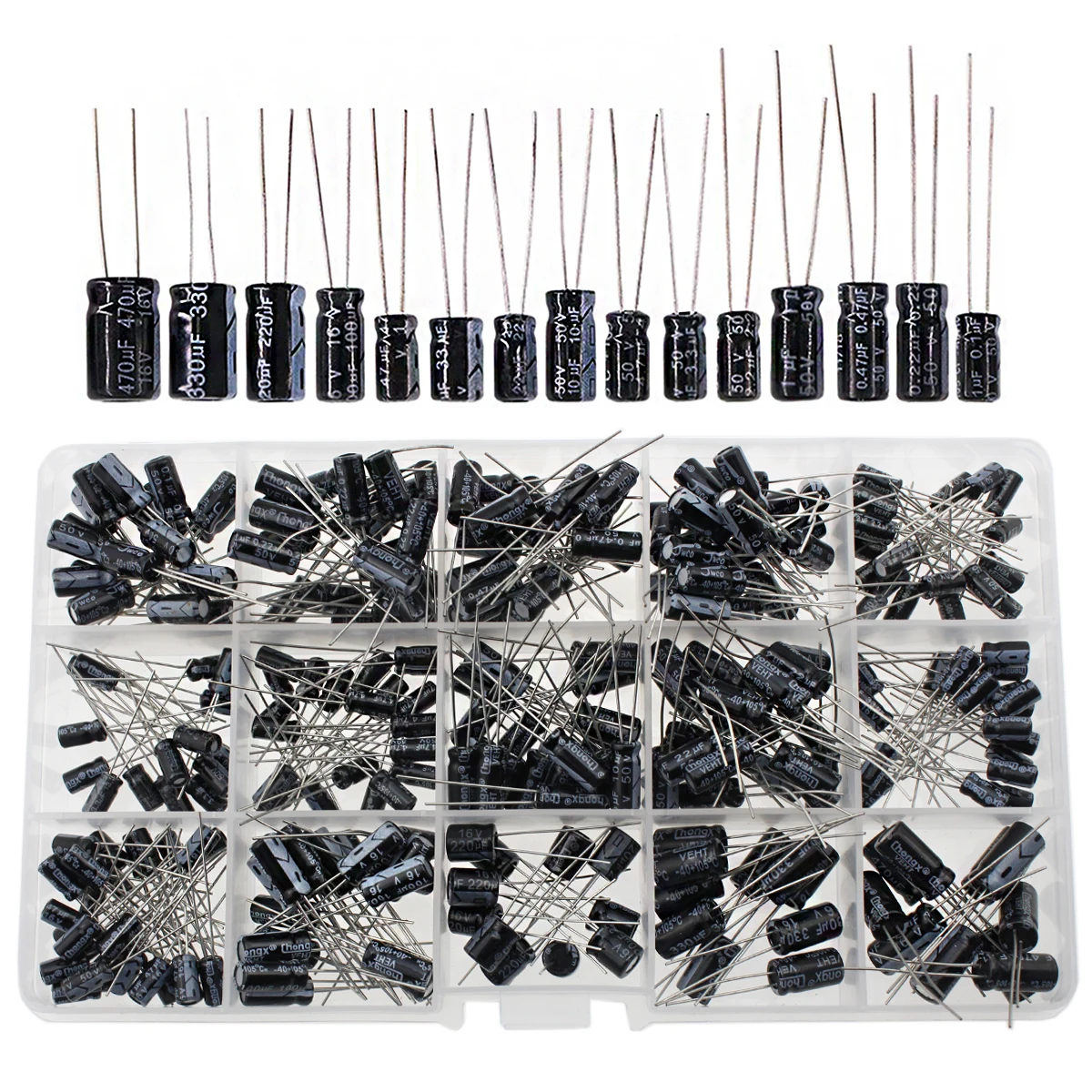 Electrolytic Capacitors Assortment Kit 16V 50V 0.1uf-10uF 22uF 33uF 47uF 100uF 220uF 330uF 470uF 270pcs/lot 15Values