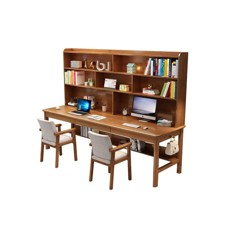Solid wood double desk bookshelf integrated home study table