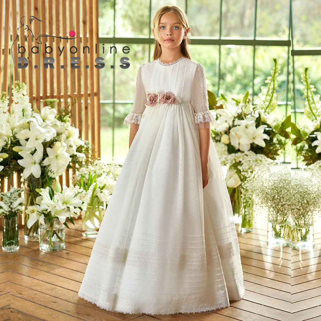 BABYONLINE Customzied  Princess-style Empire Gown Lace Floral Embroidery Bodice Three-quarter Sleeves with Ribbon Belt Sash