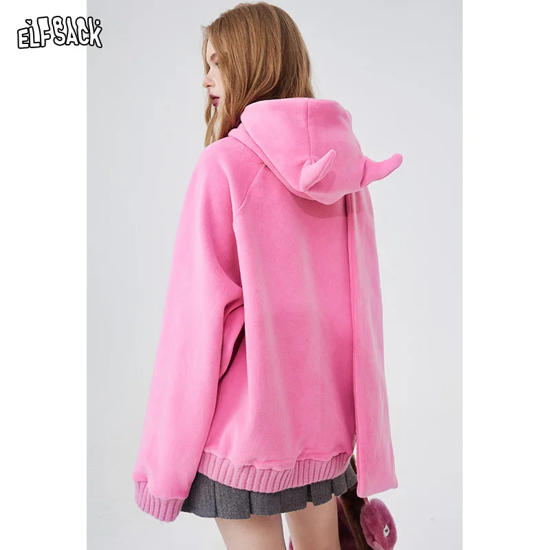 ELFSACK Printed Fleece Hoodies With Scarf Women 2024 Spring Loose Long Sleeve Casual Tops