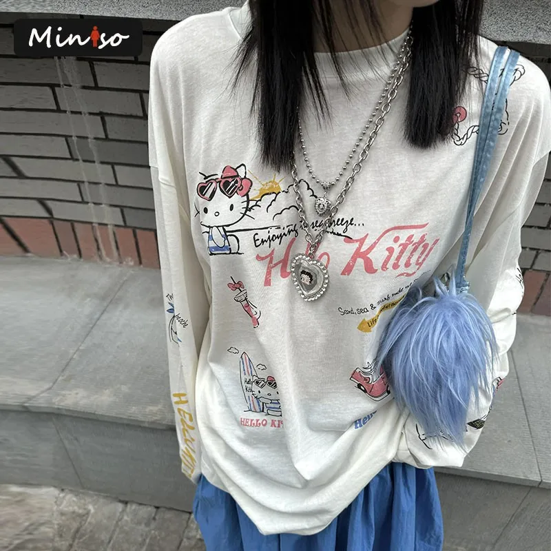 Streetwear Loose Cute Hello Kitty Graphic T Shirts Woman Clothes Long Sleeve Korean Fashion 2000s Clothes Y2k Tees Female Chic