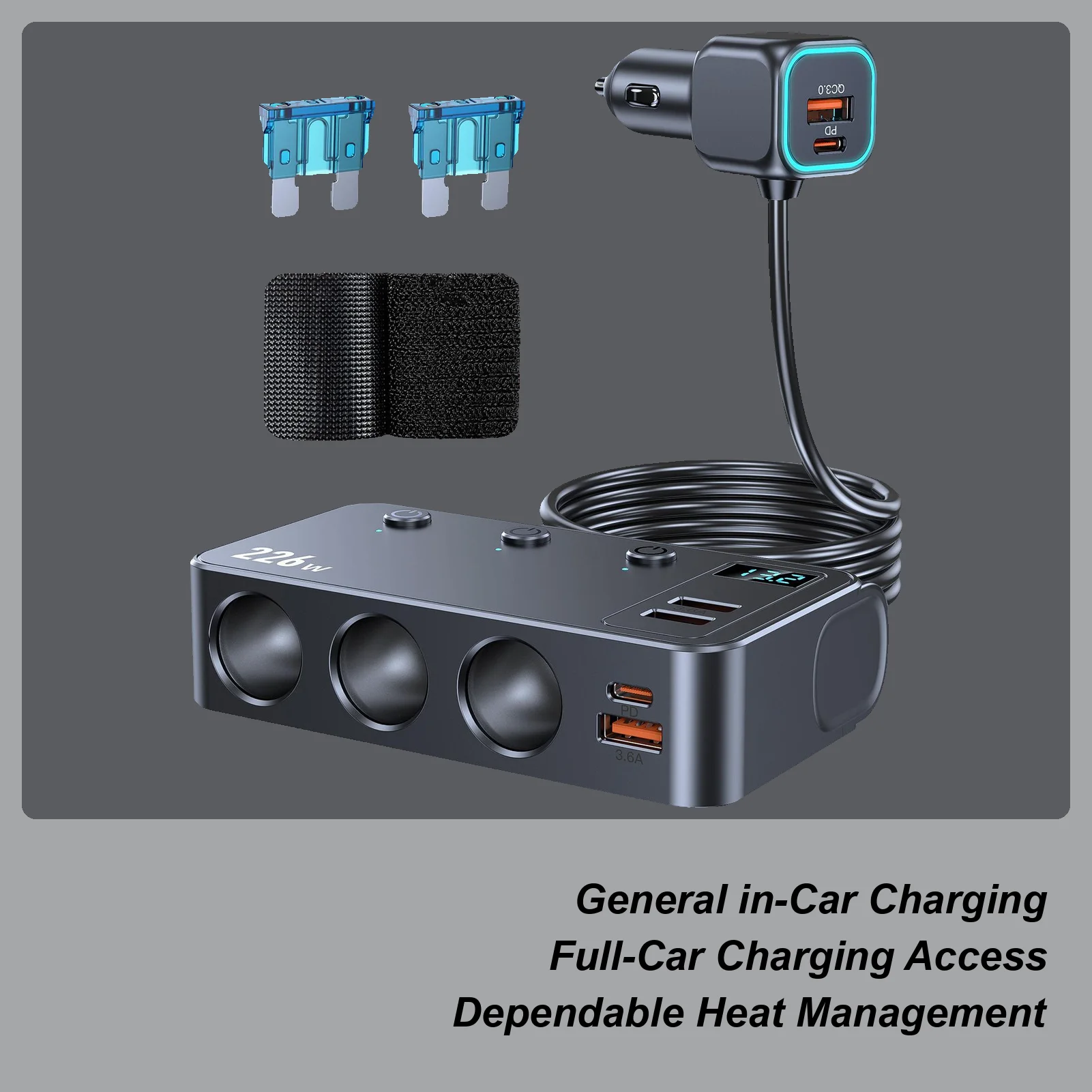 

226W Car Charger Adapter Independent Switches DC12V/24V 3 Socket Cigarette Lighters Splitter PD36W Fast Charging for Phone DVR