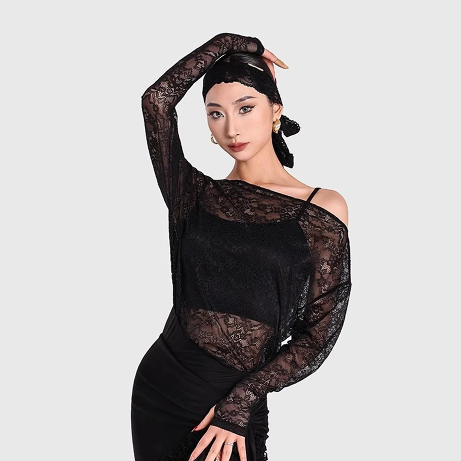 Lace Long Sleeve Latin Dance Tops Latino Suit Line Dance Clothing Top Dancewear Top Samba Belly Ballroom Waltz Dress YD464