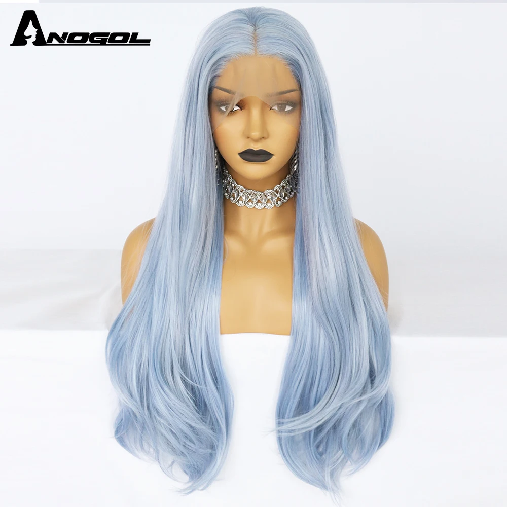 AN Syntjetic Wig 30IN Light Blue Body Wavy T Part lace Wig Natural Hair Long Ice Blue Lolita Cosplay Wigs For Black Women Gift