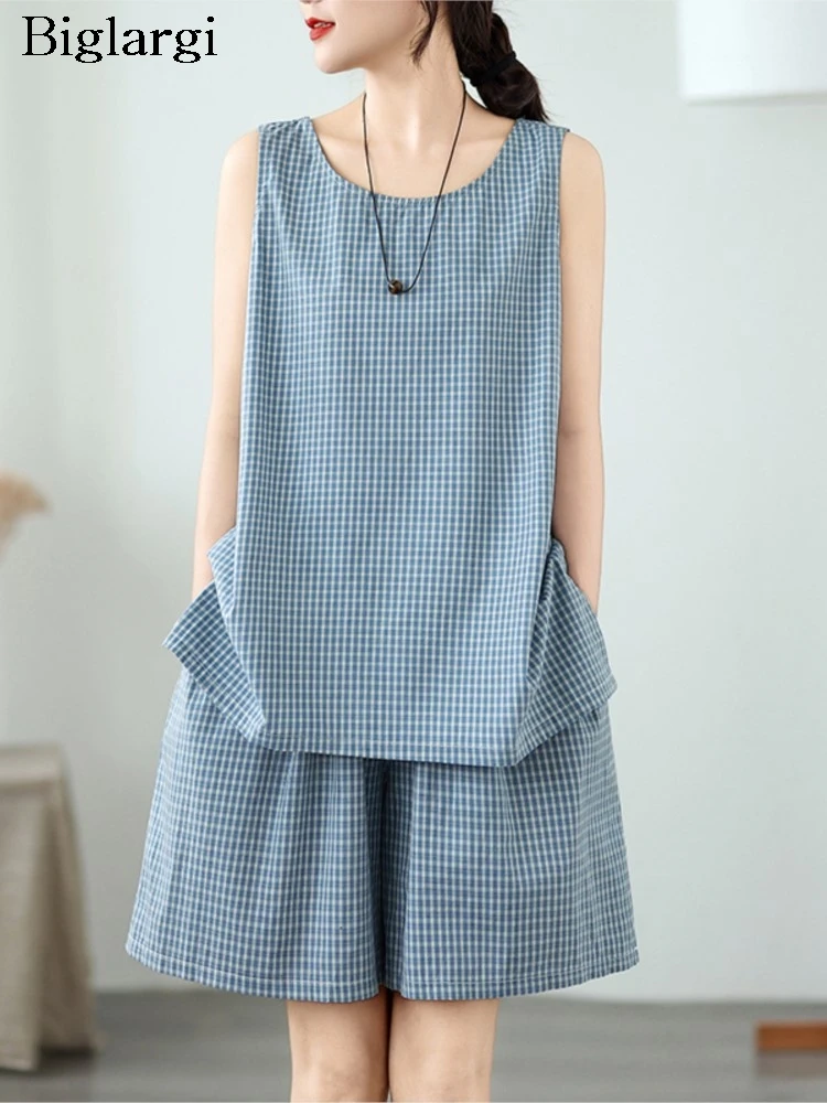 

Oversized Summer Plaid Print 2 Two Piece Set Women Casual Modis Ladies Sleeveless Blouses Wide Leg Loose Pleated Woman Shorts