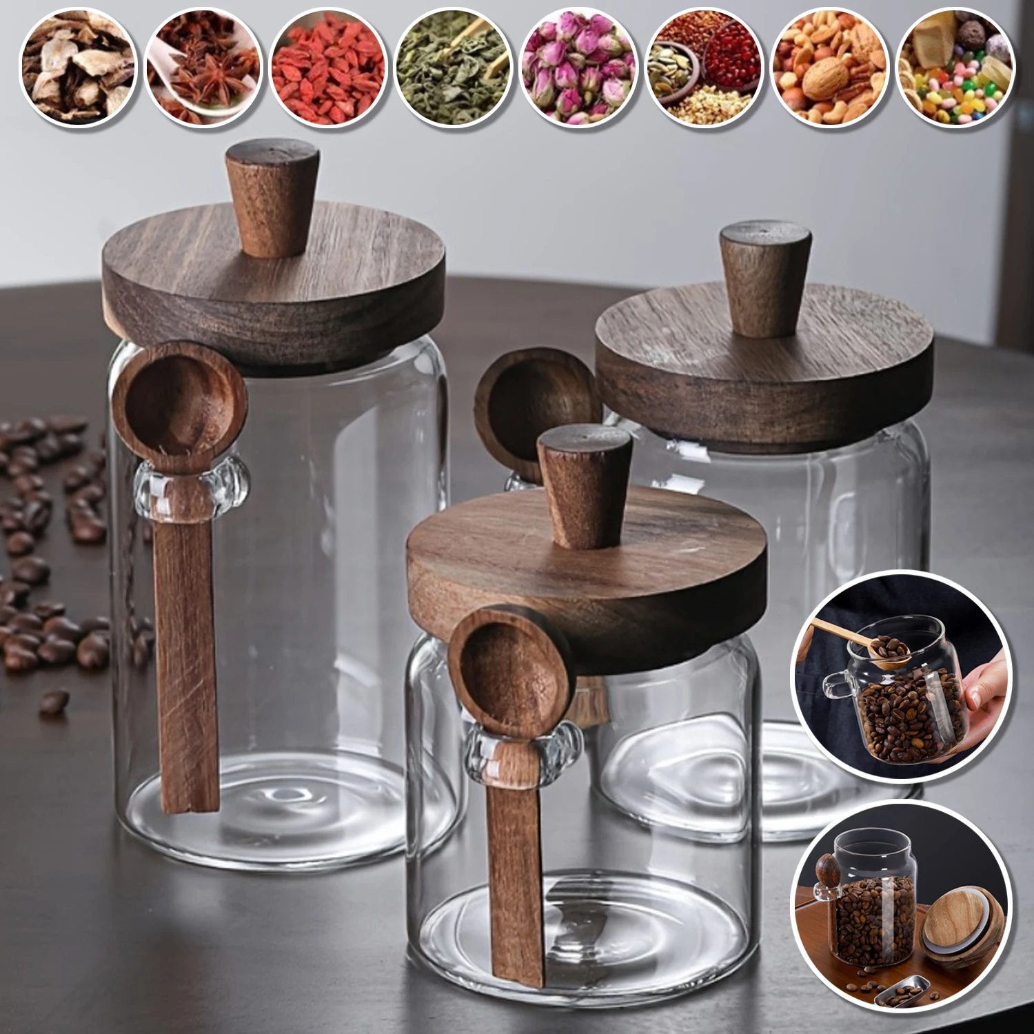 

1/3PCS Glass Sealed Jar Food Storage Containers with Wooden Lids and Scoop Airtight Food Storage Jar for Sugar Coffee Bean Candy