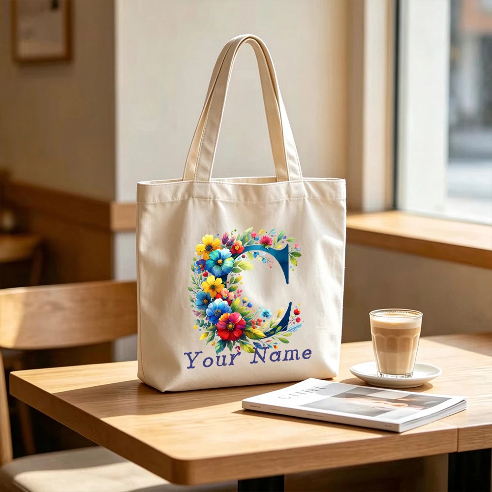 Personalized Floral Letter Canvas Tote Bag Custom Name Monogram Grocery Shopping Bag for Women Girls Reusable Shoulder Bag Gifts