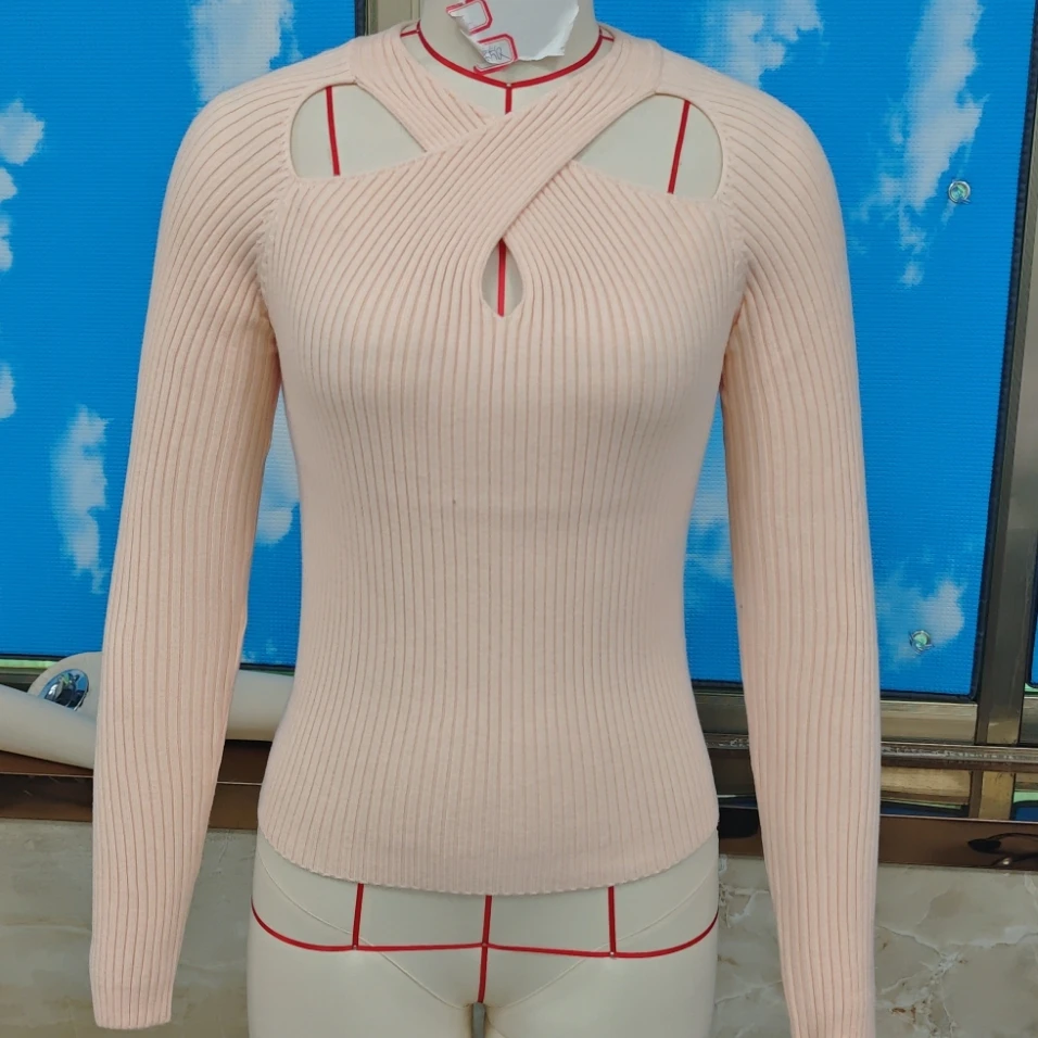 

Premium Women's Lotus Color Hollow Out Neck Knit Sweater Soild Slim Fit Fall Clothes Quality Pullovers