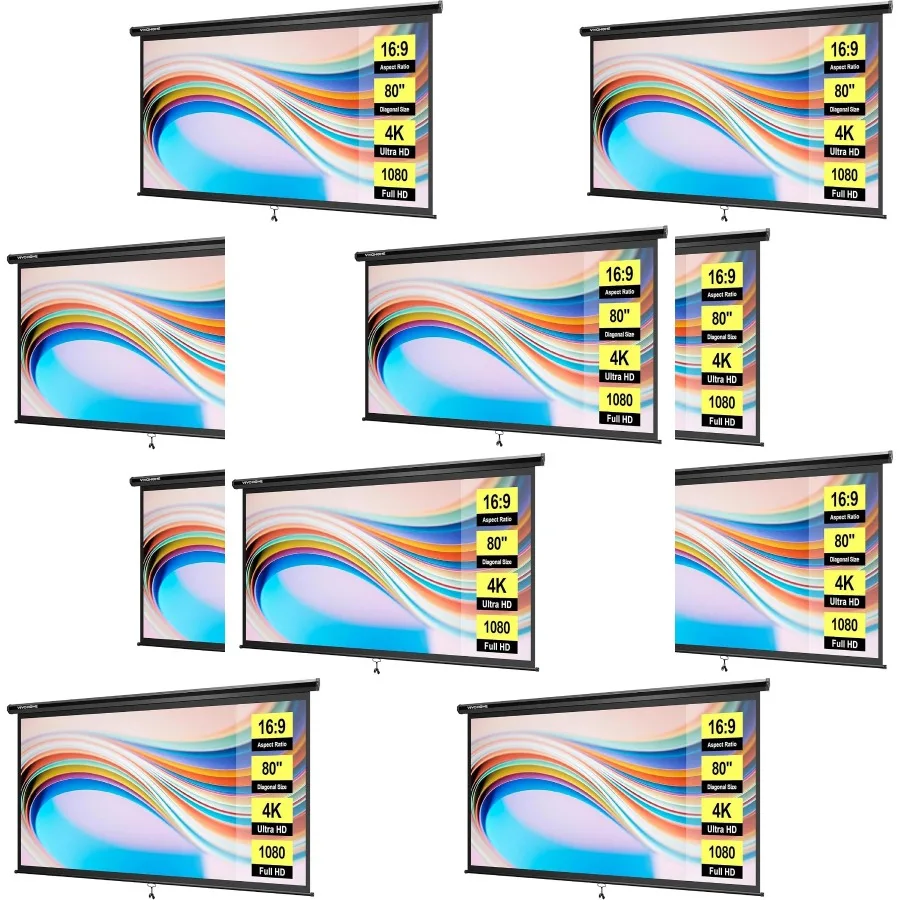 80 Inch 16:9 Pull Down Projector Screen, HD 4K Retractable Movie Screen for Indoor Home Theater and Office, Manual Projection S