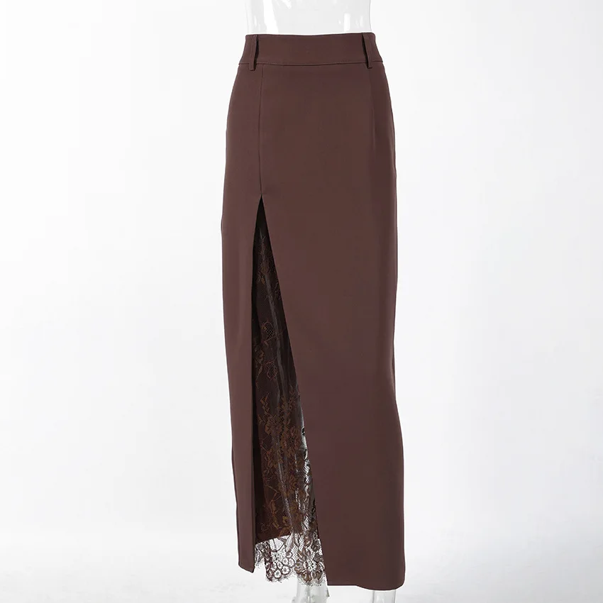 Women French Retro Brown High Waist Midi Skirt, Autumn Winter Elegant Office Straight Skirt with Lace Inner Layer