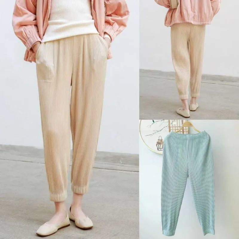 

Miyake плиссированные женские брюки 2025 дизайн Scimitar брюки свободные широкие брюки осень новые пригородные простые повседневные брюки с высокой талией и драпировкой