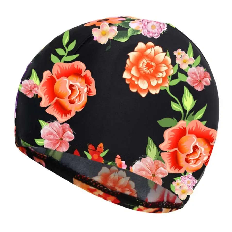 

Cloth Febric Swim Caps For Long Hair Printed Flowers Elastic Swimming Cap, 2 Pack