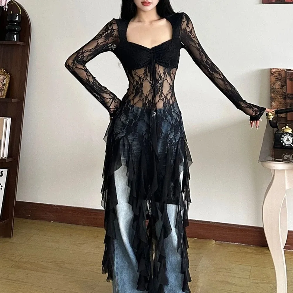 긴 소매 레이스 꽃무늬 드레스 러플 엣지 슬림 핏 플리츠 레이스 드레스 스파이시 걸 스타일 스위트 투명 드레스 여성 파티용