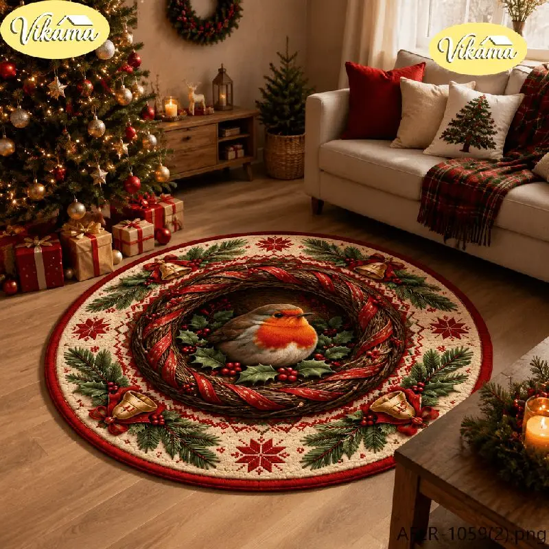 VIKAMA Christmas Round Rug Christmas Puppy Santa Hat Snow Area Rug Living Room Holiday Home Decor Aesthetic Art Large Premium
