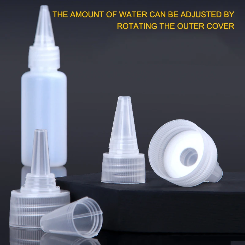 Butelka z tworzywa sztucznego z zakraplaczem, pusta, o pojemności 10-1000 ml, z zakrętką, półprzezroczysta, do płynów do oczu, tuszu, farb olejnych, pigmentów.