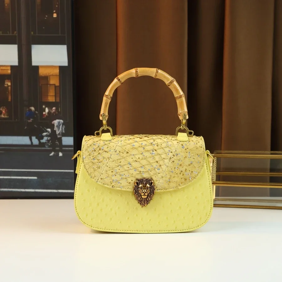 

Bamboo hand-held women's bag, retro handbag, snakeskin cover pu bag body, portable messenger premium foreign style bag