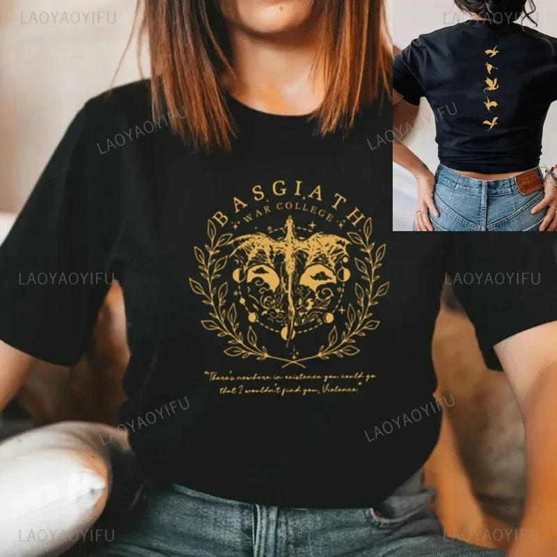 Fourth Wing Double-Sided Printed T-Shirt Basgiath War College Cotton T Shirt Dragon Rider Tshirts Women Vintage Bookish Clothing