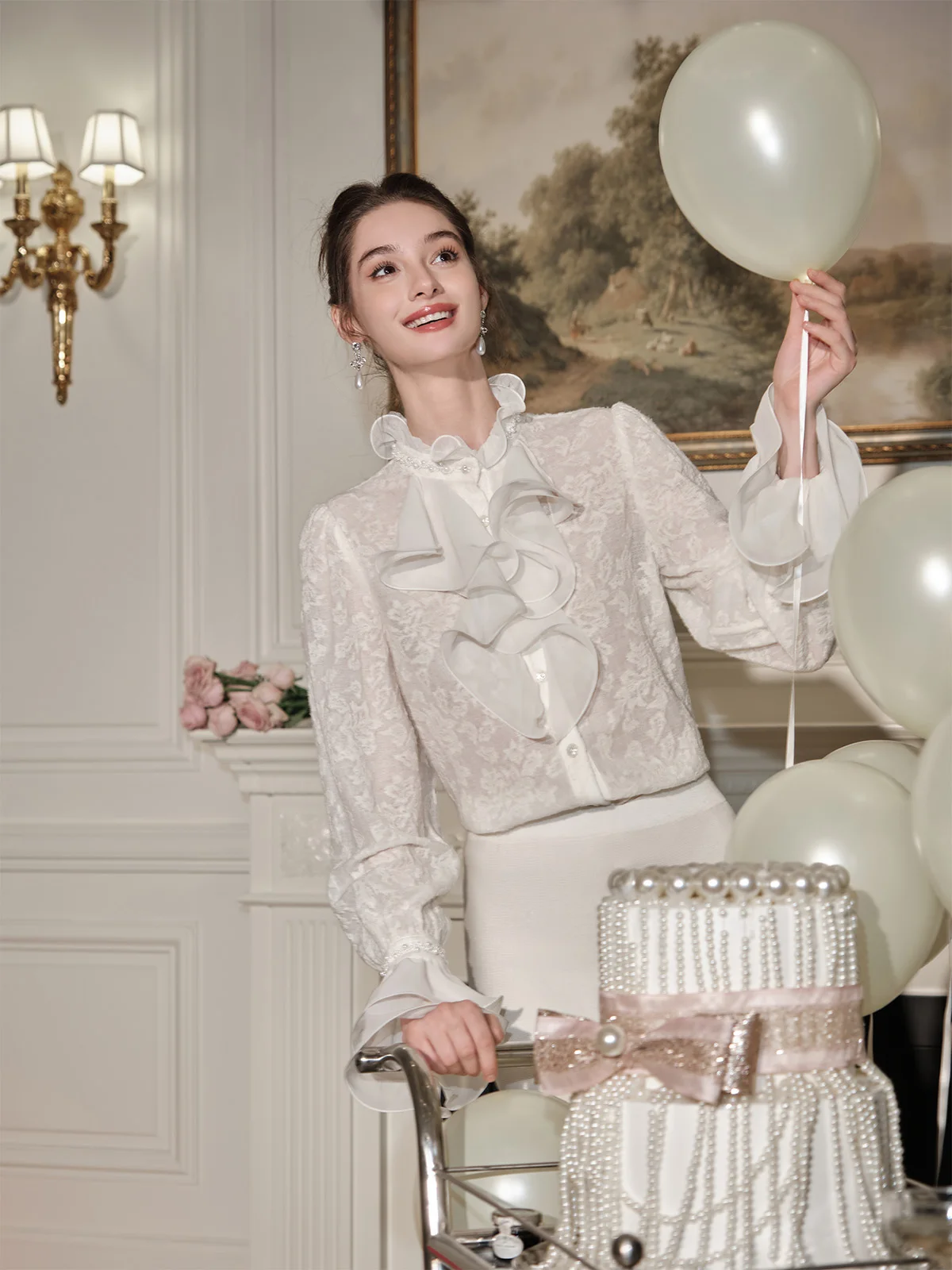 

Xiao Xiao Yu【Xiang Cha Ke Ke】Элегантная рубашка из австралийской шерсти с жемчужным плетением, свободного кроя, с длинным рукавом, воротником-стойкой, тонкая, стандартного размера.