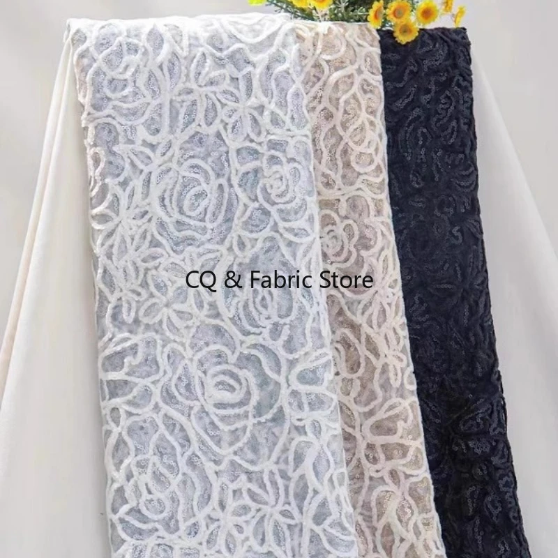 European Style Fashionable Sequin Mesh Rose Embroidery Lace Fabric For Dresses And Gowns Designer Fabric