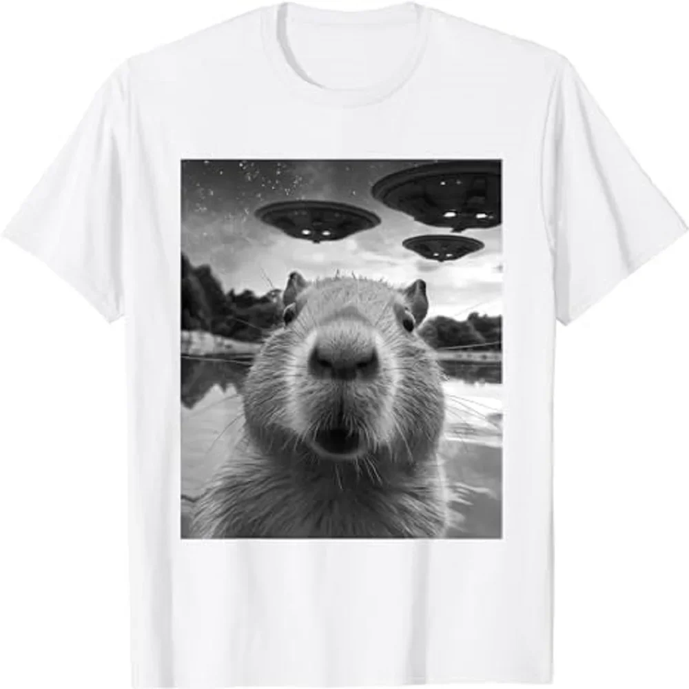 Funny Graphic Tee Capybara Selfie with UFOs Weird T-Shirt