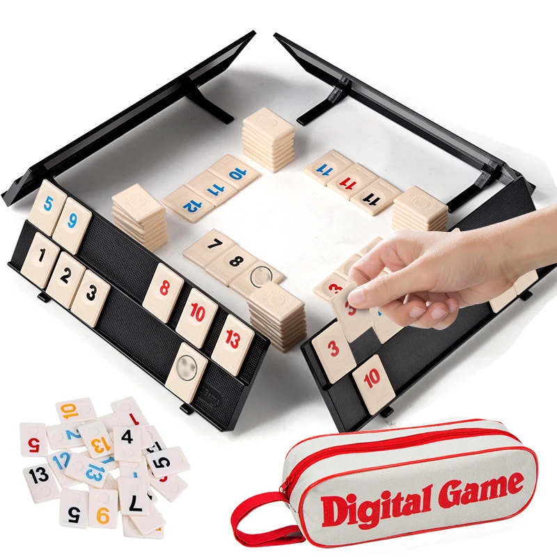 Juego de cubo rummy con 4 estantes, juego de cubo rummy 106 con estuche portátil, juego de viaje de azulejos rummy para juegos de mesa clásicos familiares