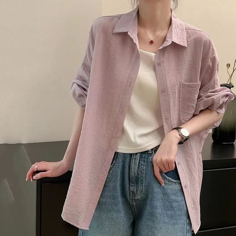 Rimocy Sheer Thin Chic Summer Shirts Women Solid Color Long Sleeve Sun-proof Shirt Woman Simple Button Up Sun Protection Blouse