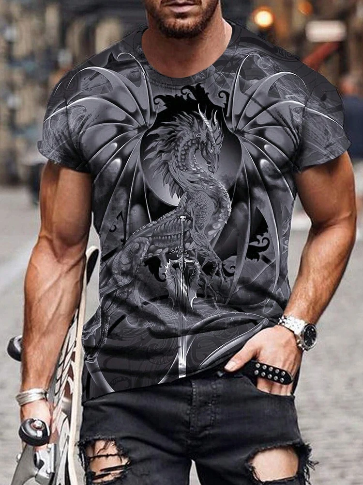 3D Dragon Print Fashion Men\'s T-shirt Daily Casual Mens Short Sleeve Summer Outdoor Street Men\'s Top Fitness Sports Men\'s Tee