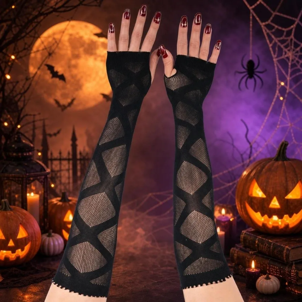 Star Fishnet Long Mesh Gloves Hollow-Out Black Half-Finger Lace Mittens Arm Sleeves Performance Dance Fingeless Gloves