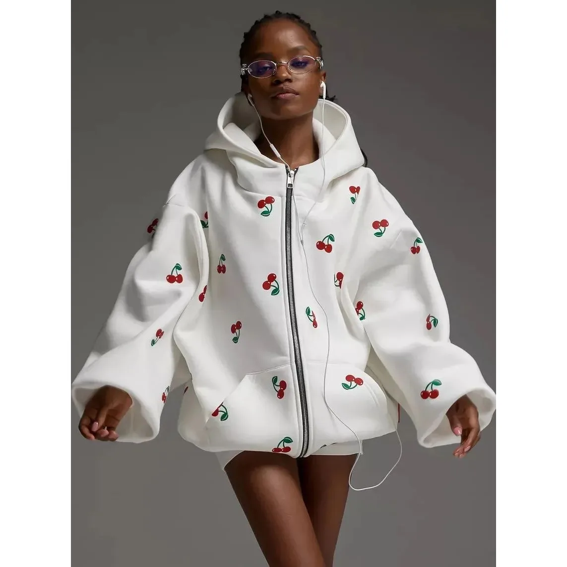 Cardigan à capuche imprimé cerise blanche pour femme, sweat-shirt confortable, matériau doux, vêtements d'extérieur décontractés, automne