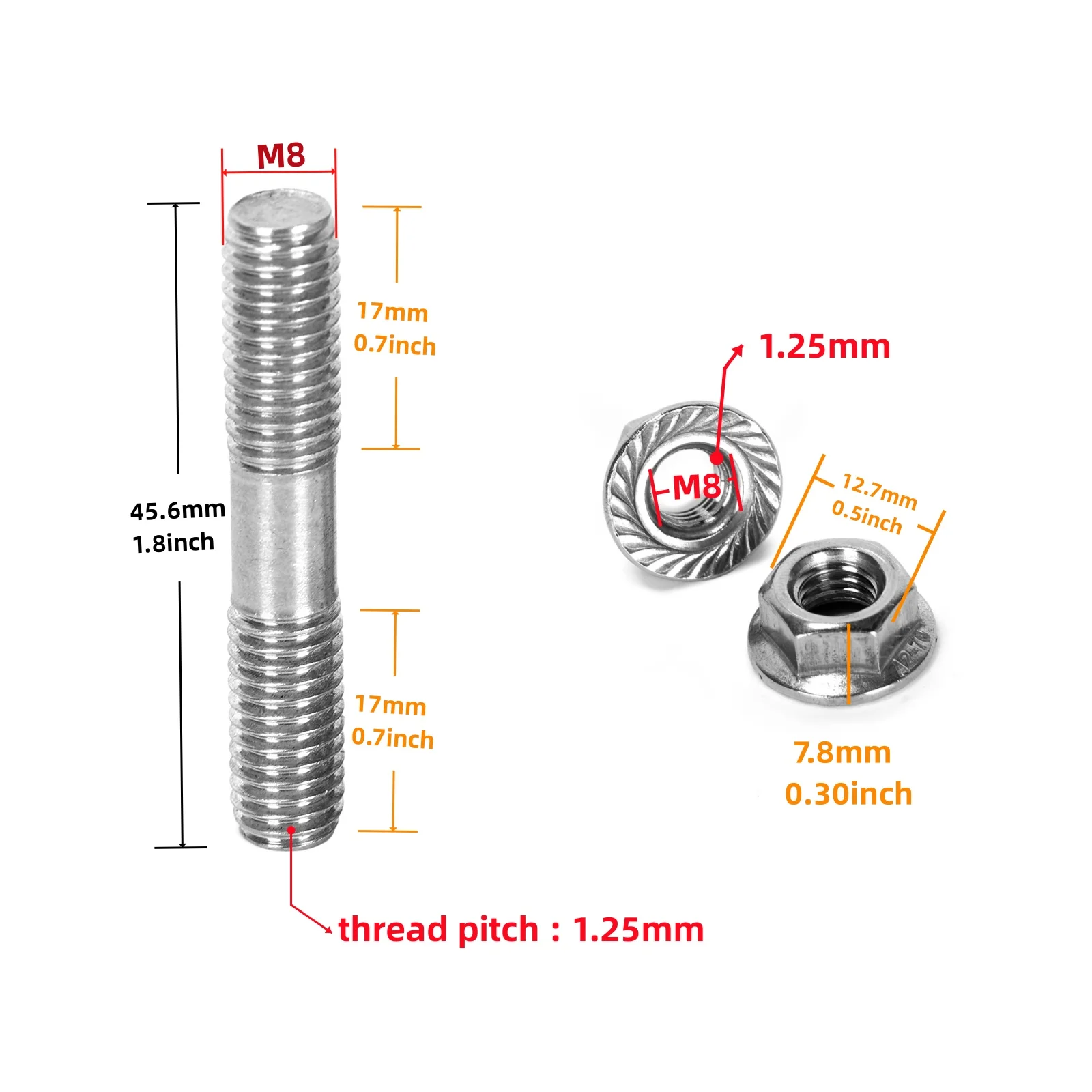 10Sets 304 Stainless Steel Double End Threaded Bolt Nuts Assortment Kit, M8 x1.25 Exhaust Manifold Hardware Kit