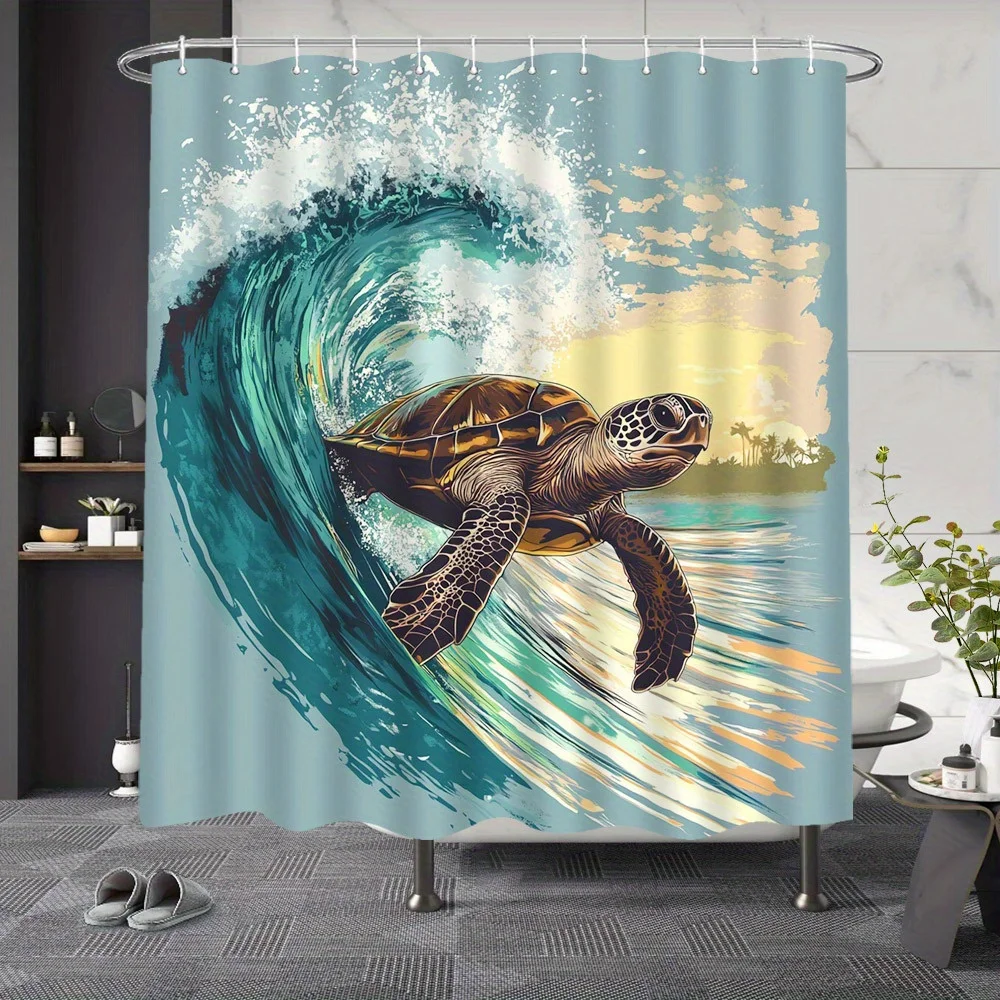 

Vibrant Sea Turtle Wave Shower Curtain - Realistic Ocean Scene with Dynamic Teal and White Waves, Tranquil Sunset Background