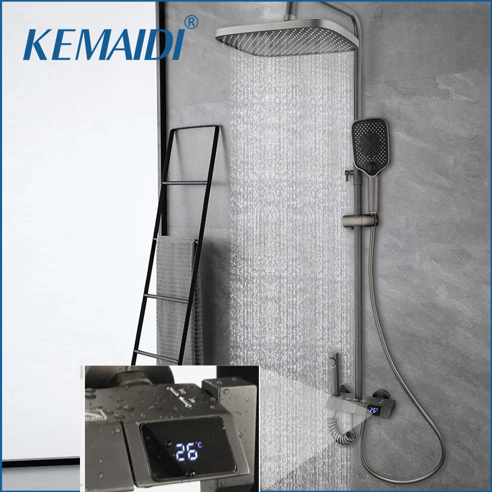 

KEMAIDI Gun Gray Digital Shower System Hot Cold Mixer Shower Set Bathroom SPA Rainfall Bath Tap Bathtub Modern Piano Key Faucet