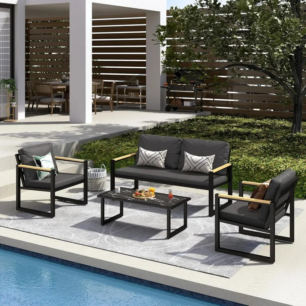 

4-Piece Patio Furniture Set, Outdoor Aluminum Conversation Sofa Sets with Coffee Table & Cushions Chairs - Perfect for Garden