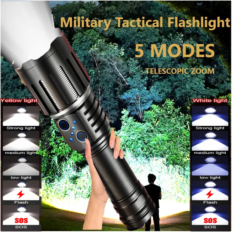 

5 Mode Zoom Rechargeable LED Flashlight Dual Switch Military Tactical Flashlight Waterproof For Night Hunting Camping Safety