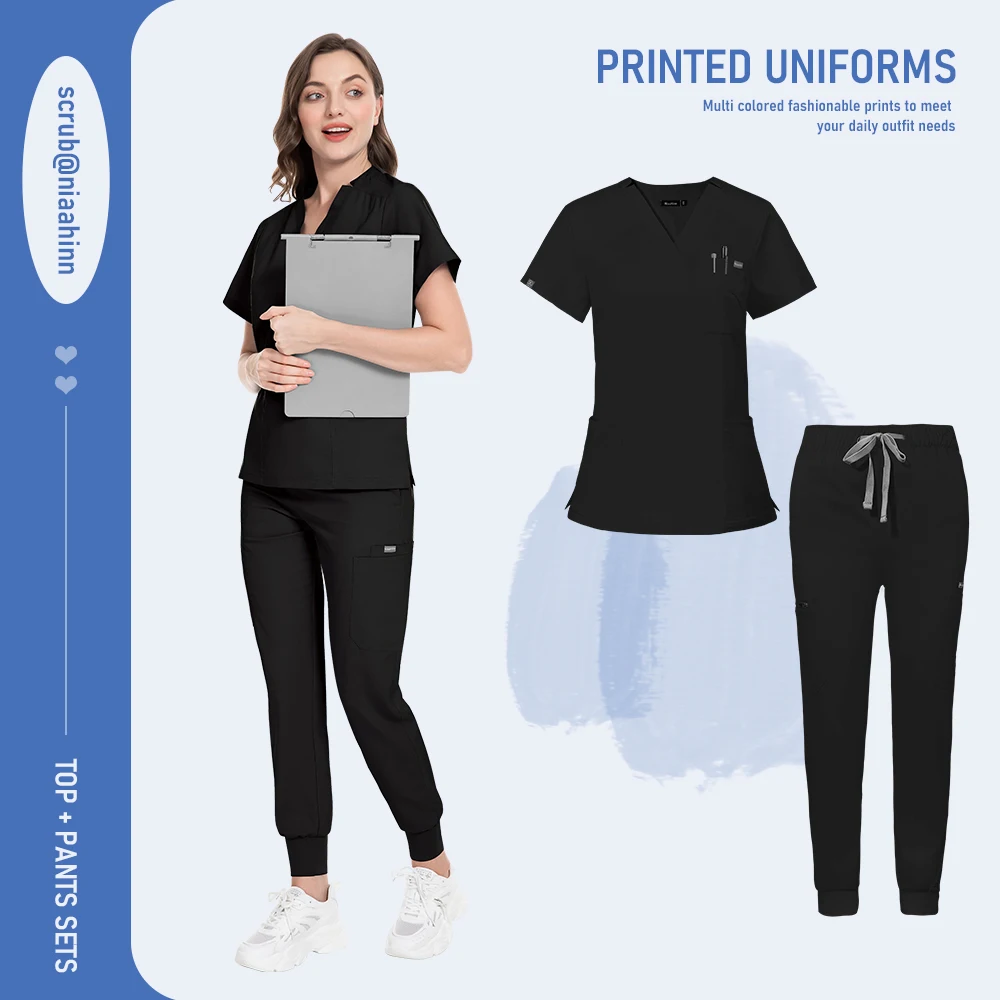 Niaahinn Uniform Schönheitssalon Haustier Krankenhaus Medizinisches Peeling Krankenpflege Krankenschwester Peeling V-Ausschnitt Tops Scrub Jogger Sets Hochwertige Uniformen – Detail 8