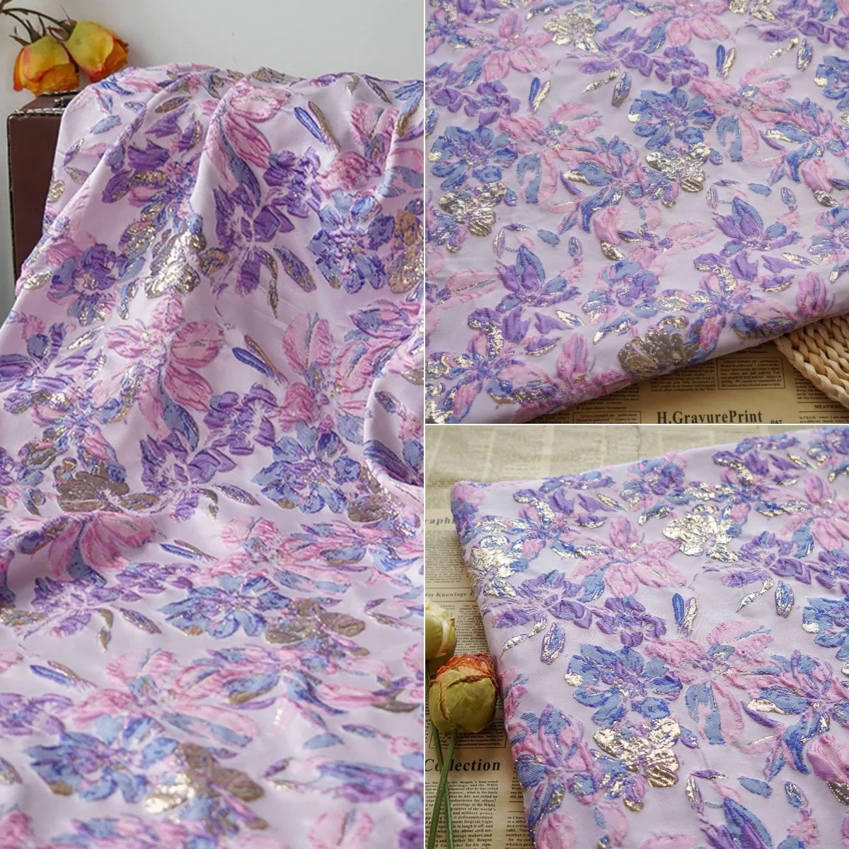 

Pink purple relief gold wire flower color woven sewing fluffy skirt new Chinese style vest dress jacquard qipao decorativefabric