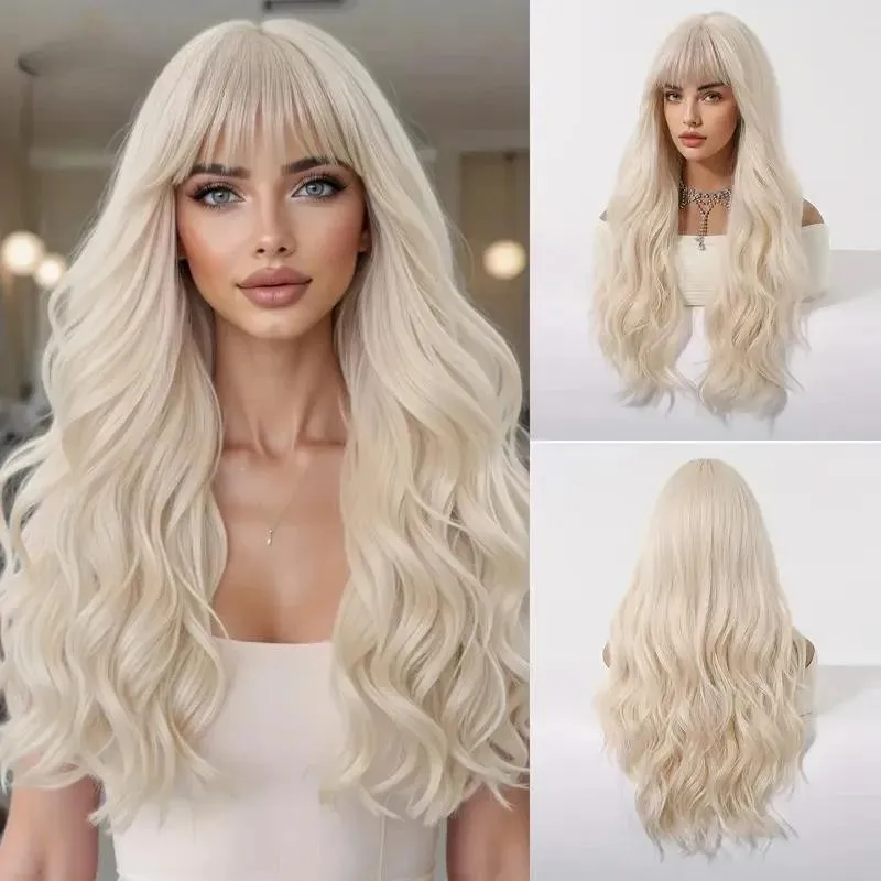 

Блондинка Длинные Волнистые Синтетические Парики для Белых Женщин Блондинка Вьющиеся Парики С Челкой