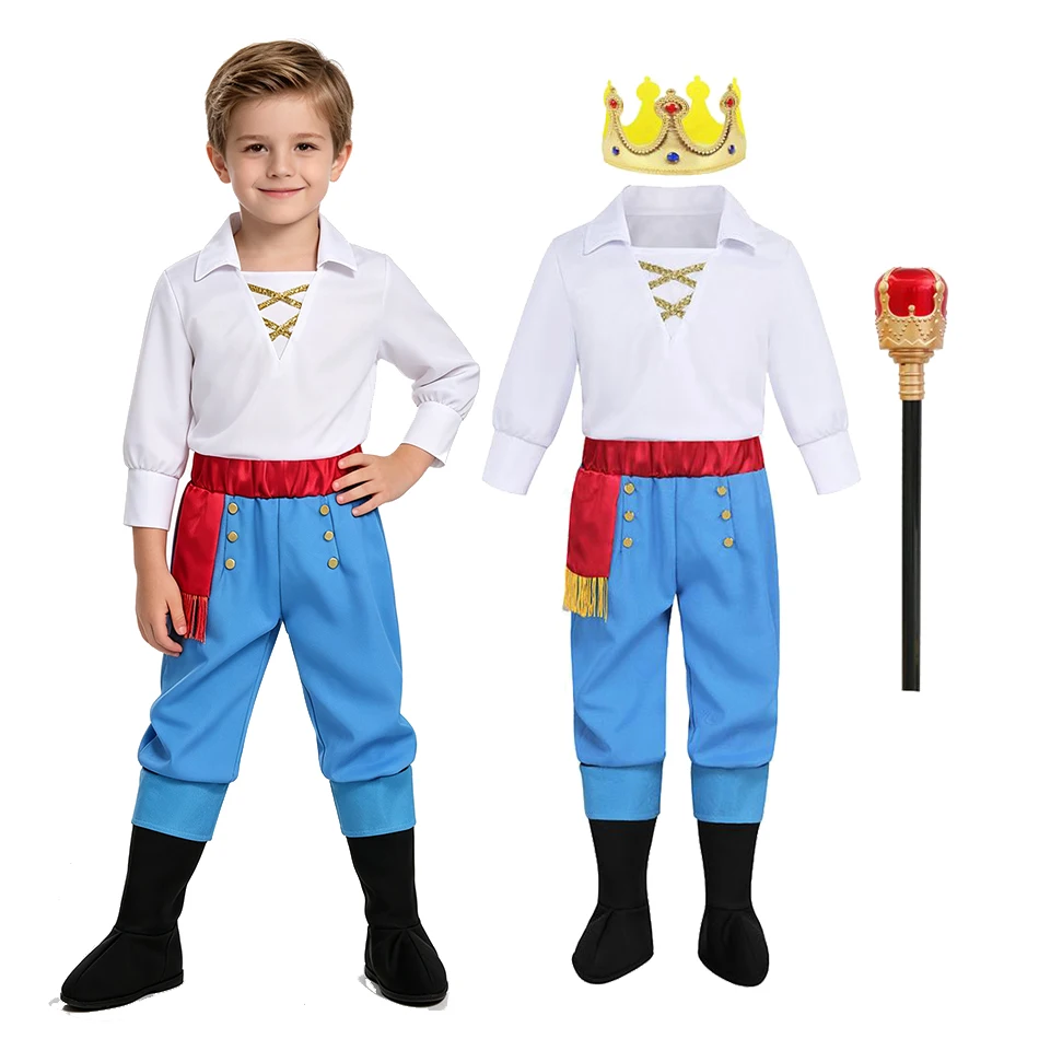 Boys Prince Costume White Long Sleeve Shirt with Blue Pants Red Waistband Kids Royal Outfit for Halloween Stage Performance