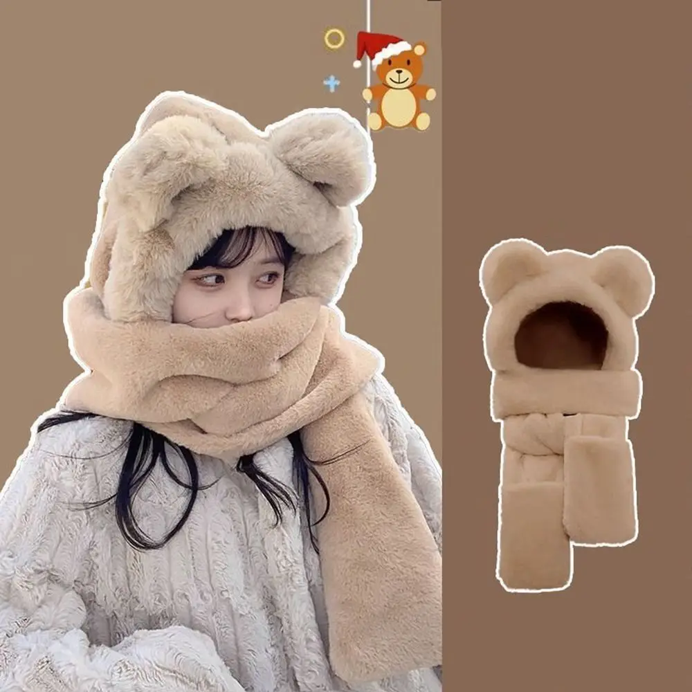 Cute Plush Bear Ears Hat Thickened Windproof Integrated Cap Scarf Winter Warm Ear Protection Cap for Woman Girls